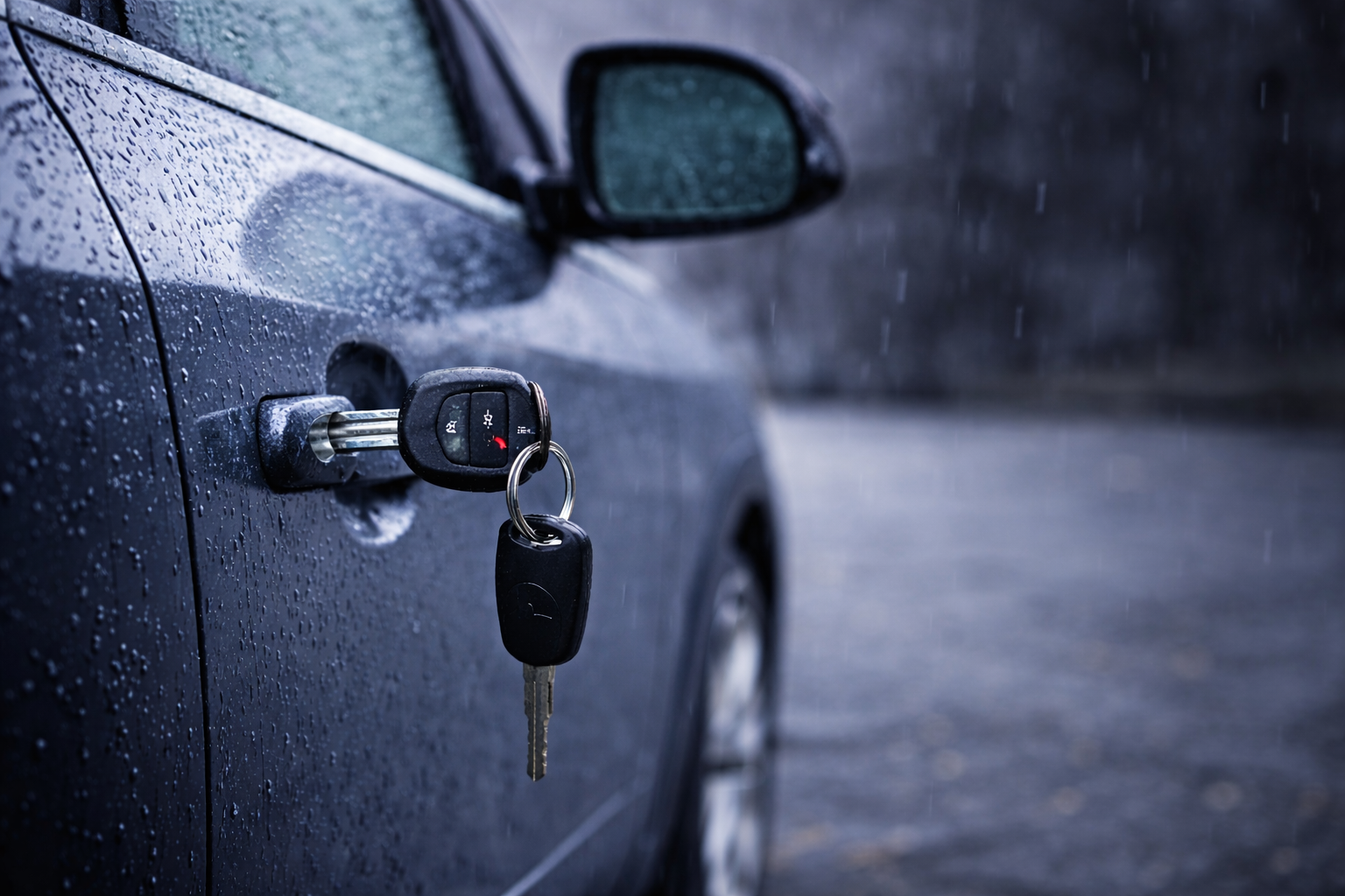 Vehicle in the rain with key stuck in key hole.