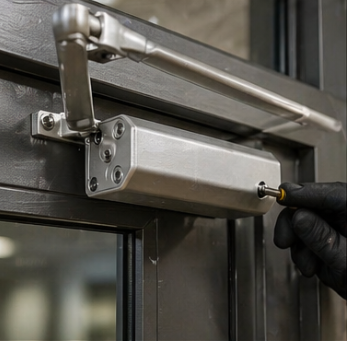 Adjusting commercial door closer tension screw for proper closing speed