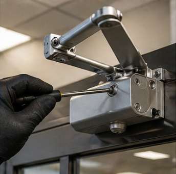 Technician adjusting commercial door closer on storefront glass door in Denver