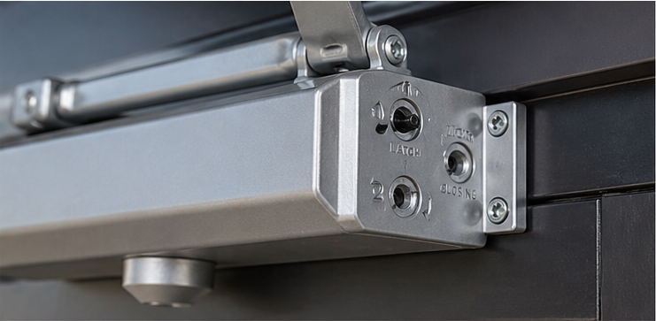 Close-up of commercial door closer mechanism installed on a metal door frame.