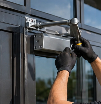 Adjusting commercial door closer tension screw for proper closing speed