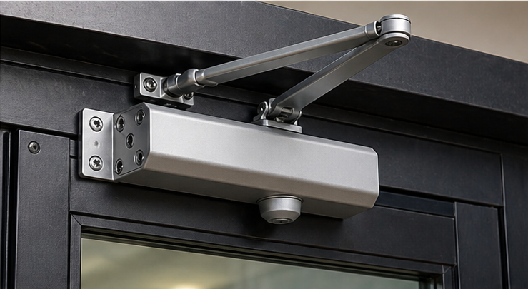 Commercial door closer arm and pivot connection mounted on a metal door frame.