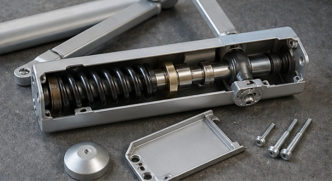 Close-up of commercial door closer adjustment valves for closing speed and latch control.