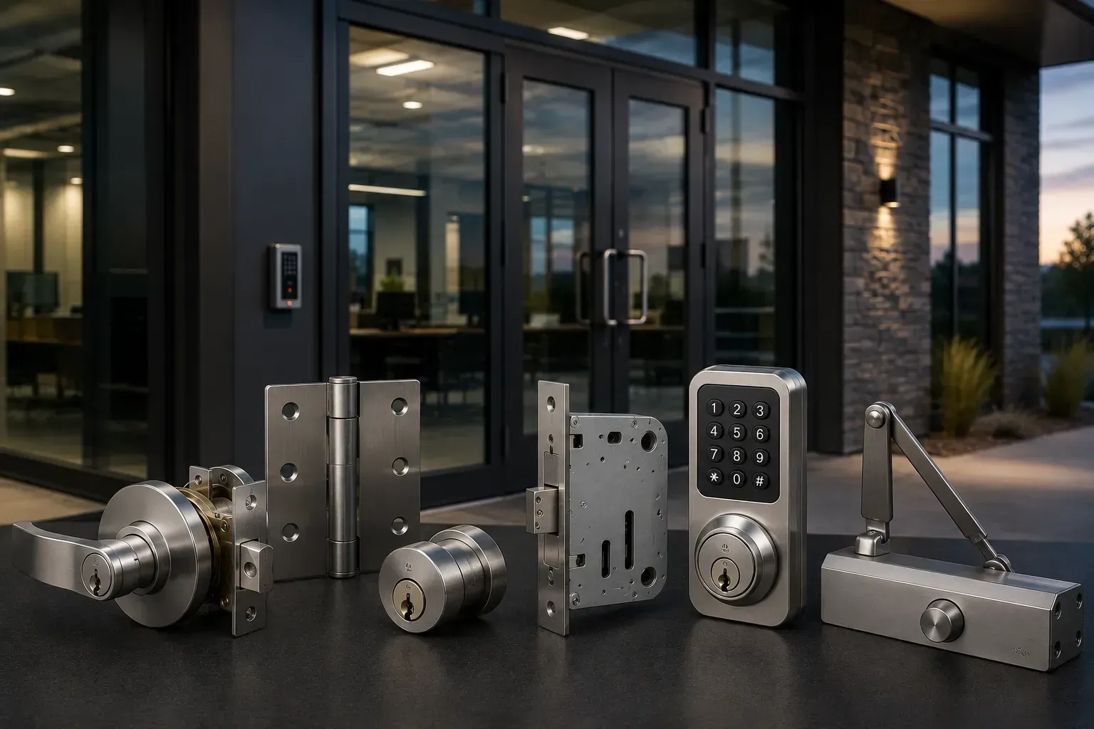 A Close up Of an Open Window with A Plant in The Background | Westminster, CO | M.L. Locksmith Commercial locksmith hardware with keypad lock, mortise lock, door closer, hinges, lock cylinders, and lever handle outside a business entrance in Denver CO.