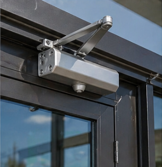 Installed commercial door closer on aluminum storefront door