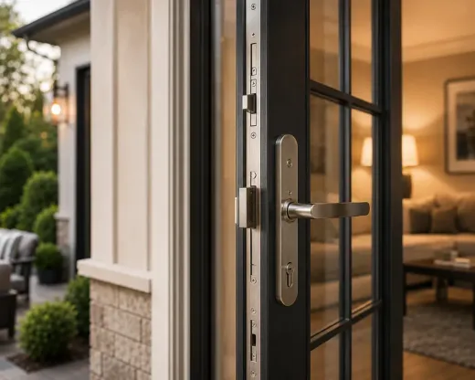 Close-up of multipoint lock hardware on a French door for specialty door lock repair in Denver