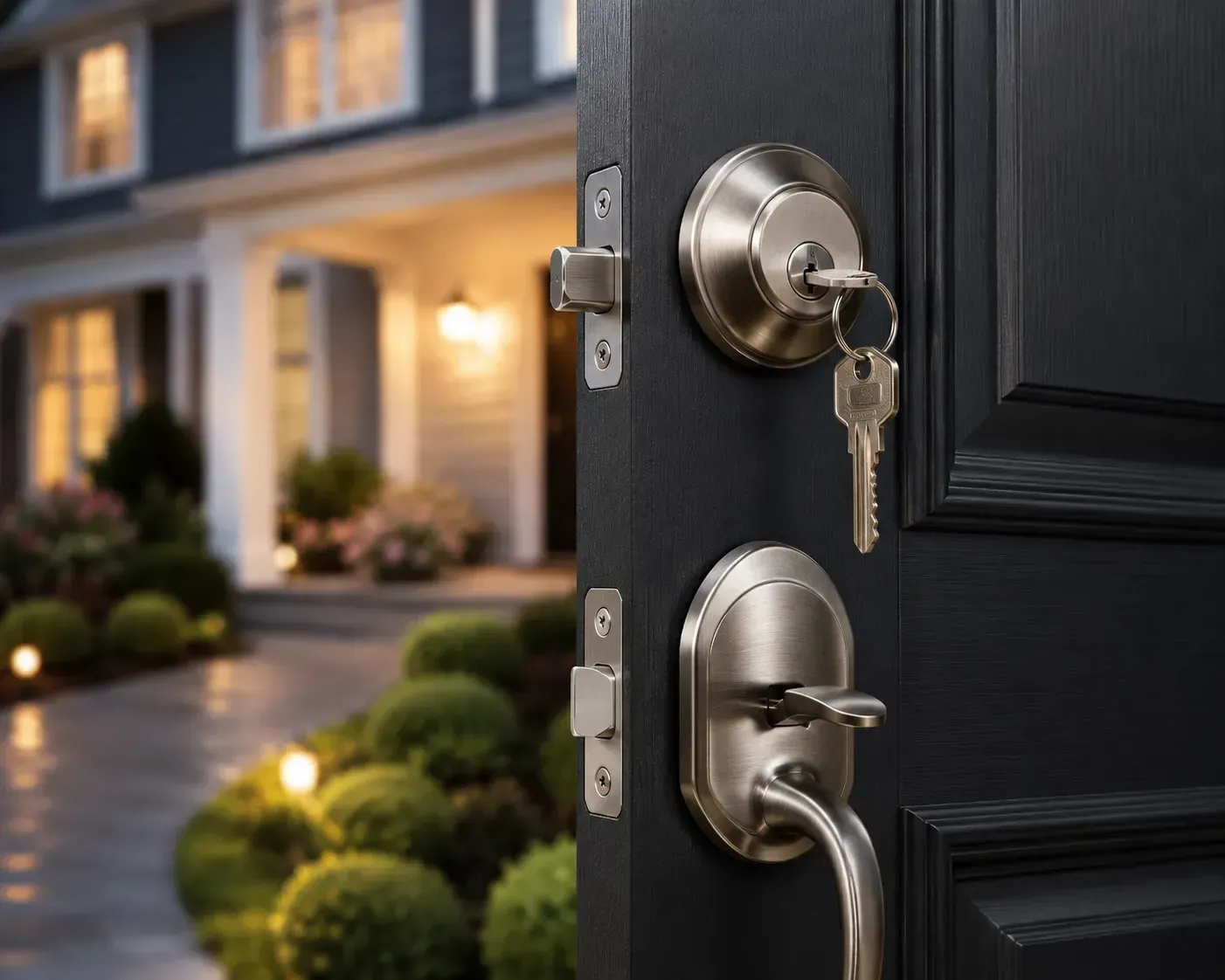 Close-up of residential deadbolt lock and key on a front door for Denver home locksmith service