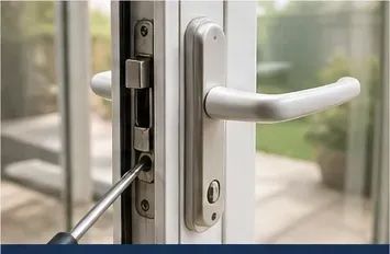 Sliding door lock repair service in Denver, showing a hand adjusting the lock with a screwdriver.