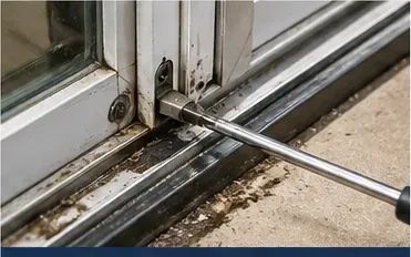Stuck sliding glass door repair in Denver, showing a hand pushing against a jammed door to illustrate the issue.