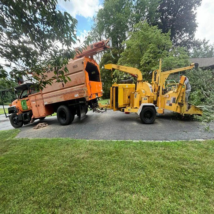 Two trucks are parked next to each other in a driveway.