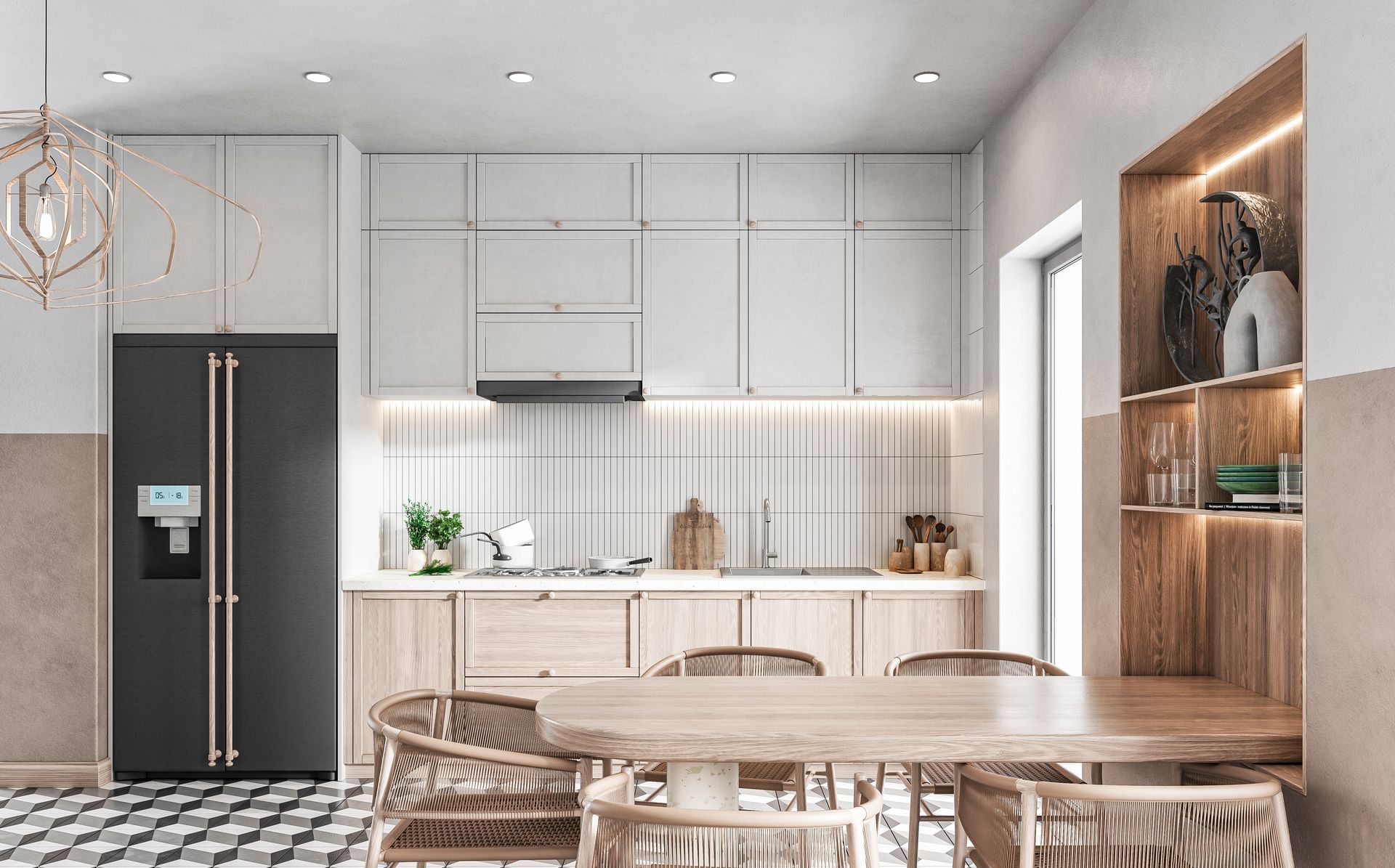 Kitchen with white and wood cabinets, black refrigerator, and wooden dining table with chairs.
