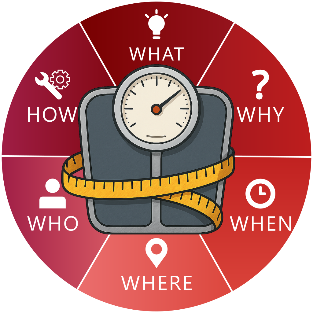 Icon for the blog 5W 1H, what, why, when, where, who, how,  related to weight and fat loss.