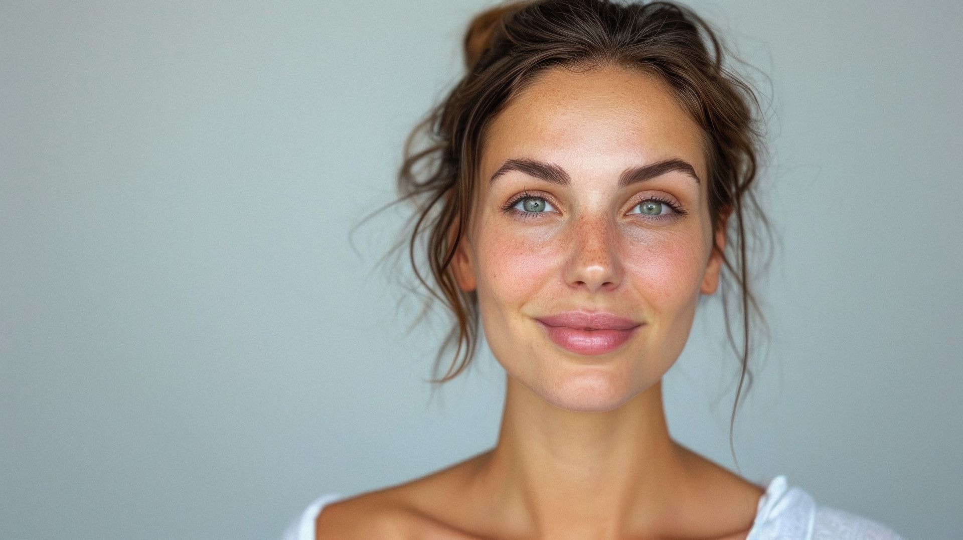 A woman without makeup is smiling and looking at the camera.