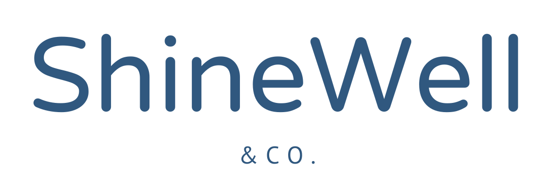 The logo for shinewell & co. is blue and white on a white background.