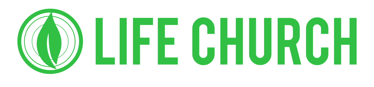 The logo for life church is green and white with a green leaf in the middle.