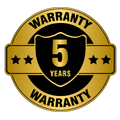 A gold warranty label with a shield and the words 5 years warranty