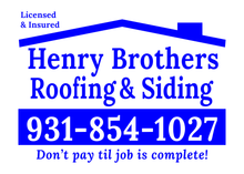 A logo for henry brothers roofing with a phone number