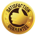 A gold satisfaction guarantee badge with a hand giving a thumbs up