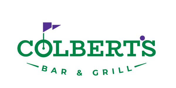 The logo for colbert 's bar and grill has a purple flag on it.