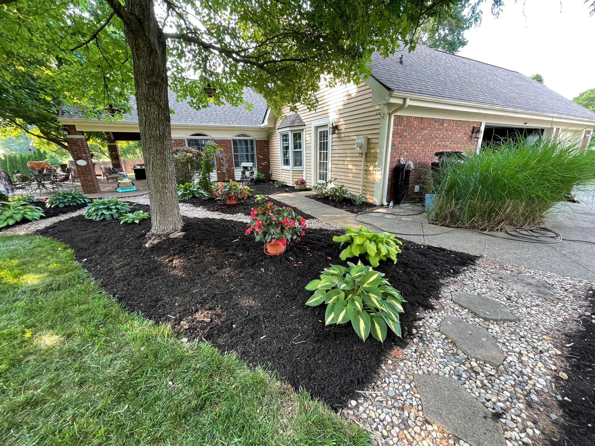 A house with a lot of plants in front of it.
