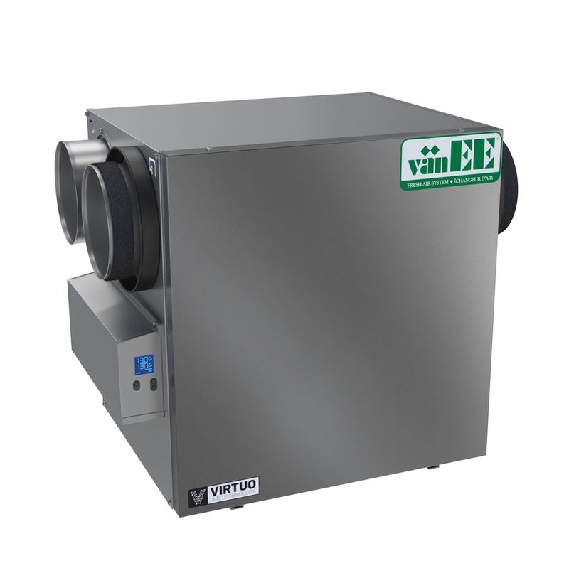Unité de ventilation à récupération de chaleur Metal Virtu EE avec raccordements de conduits.