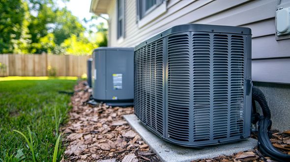 Climatiseurs à l'extérieur d'une maison, sur un lit de copeaux de bois. L'herbe verte et une clôture en arrière-plan.