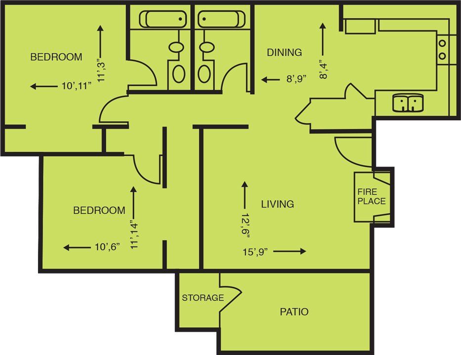 Two Bedroom, Two Bathroom, 909 Square Feet