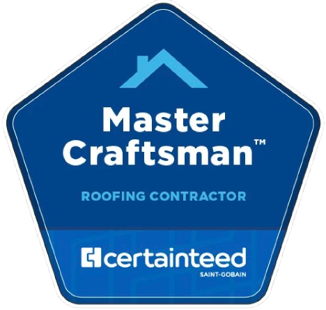 A blue master craftsman roofing contractor sticker with a roof on it.