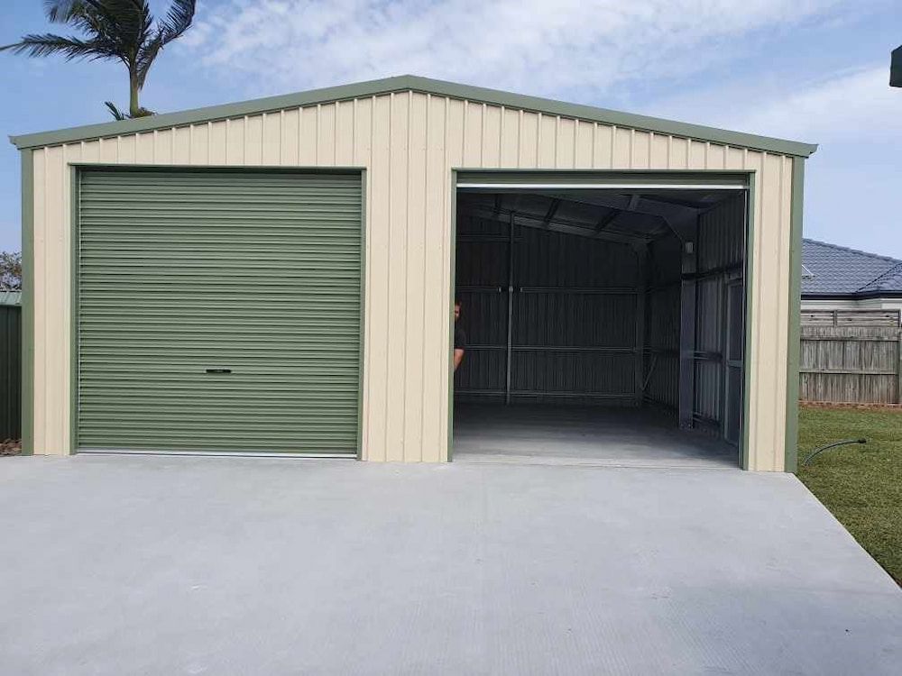 Two-bay Beige and Green Metal Garage — Northern Rivers Sheds in South Lismore, NSW