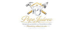 Logo for "Pepe Ju&aacute;rez Remodelaciones & Construcci&oacute;n" featuring a hammer, trowel, and house outline in silver and gold.