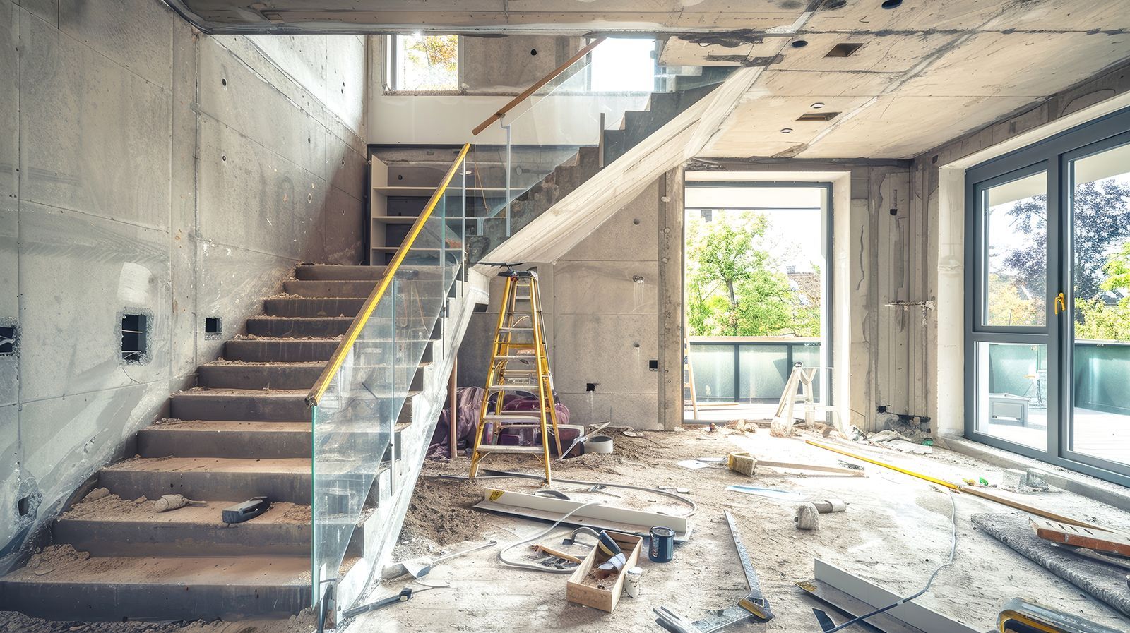 Vista interior de una habitación en construcción que muestra una escalera de hormigón con barandilla de cristal y una escalera de mano de madera.