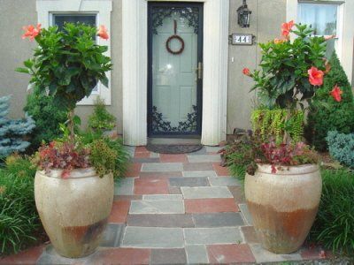 A house with a brick walkway and potted plants in front of it