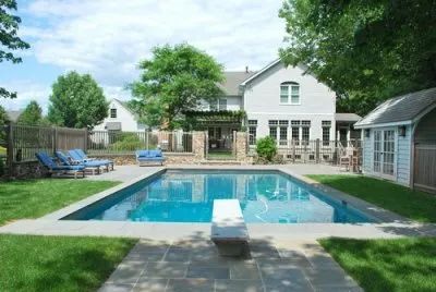 A large swimming pool is in the backyard of a house.