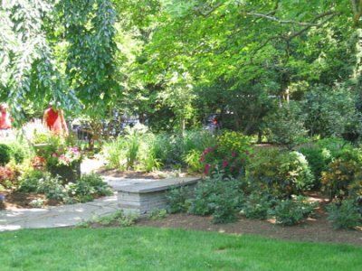 A lush green garden with a stone bench in the middle of it