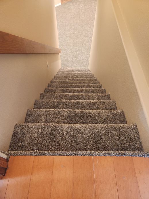 A staircase with a carpeted staircase and a wooden floor