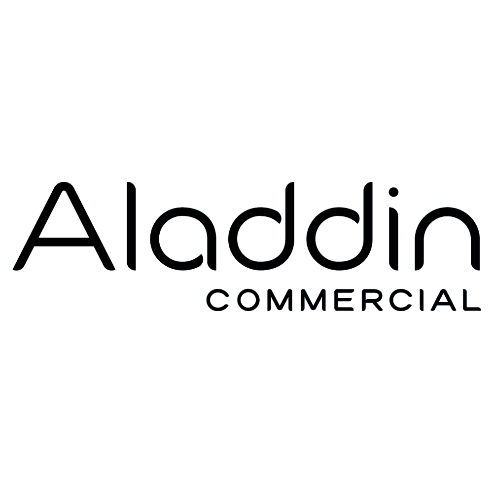 A black and white logo for aladdin commercial on a white background.