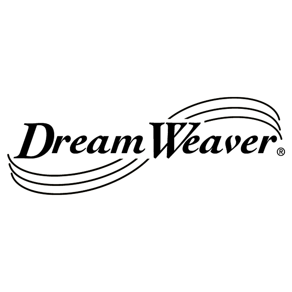 The dream weaver logo is black and white and looks like a wave.