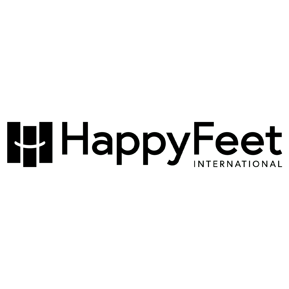 The logo for happy feet international is black and white.