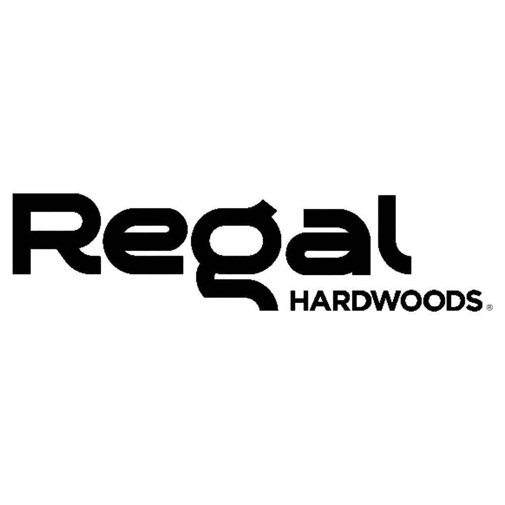 A black and white logo for regal hardwoods on a white background.