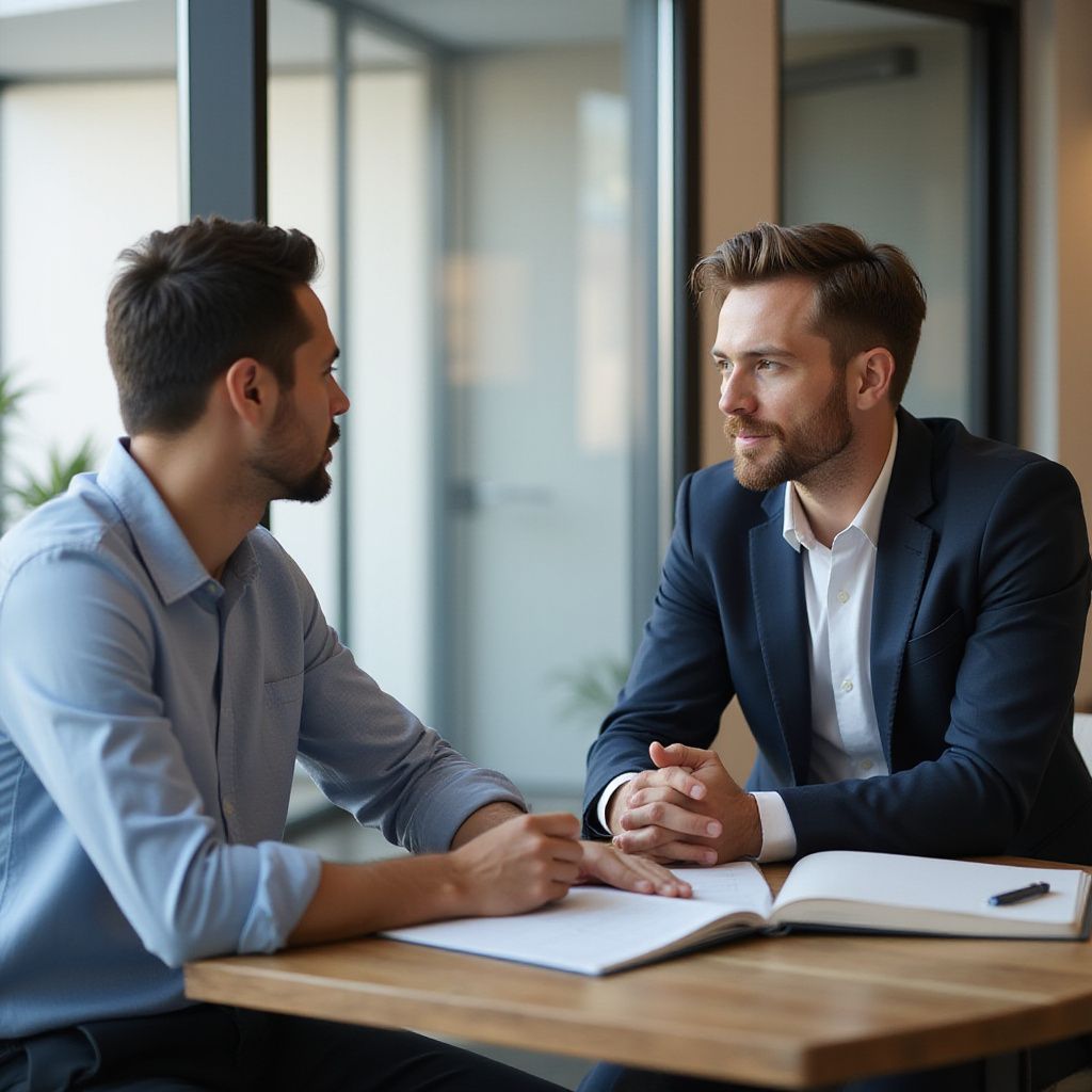 Two men in business attire seated at a table, engaged in conversation. One points to a document.