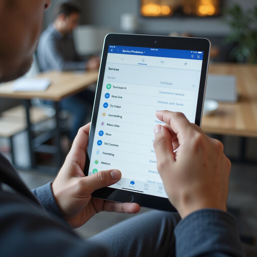 Person using a tablet indoors, pointing at the screen, with a list of blue and white items.