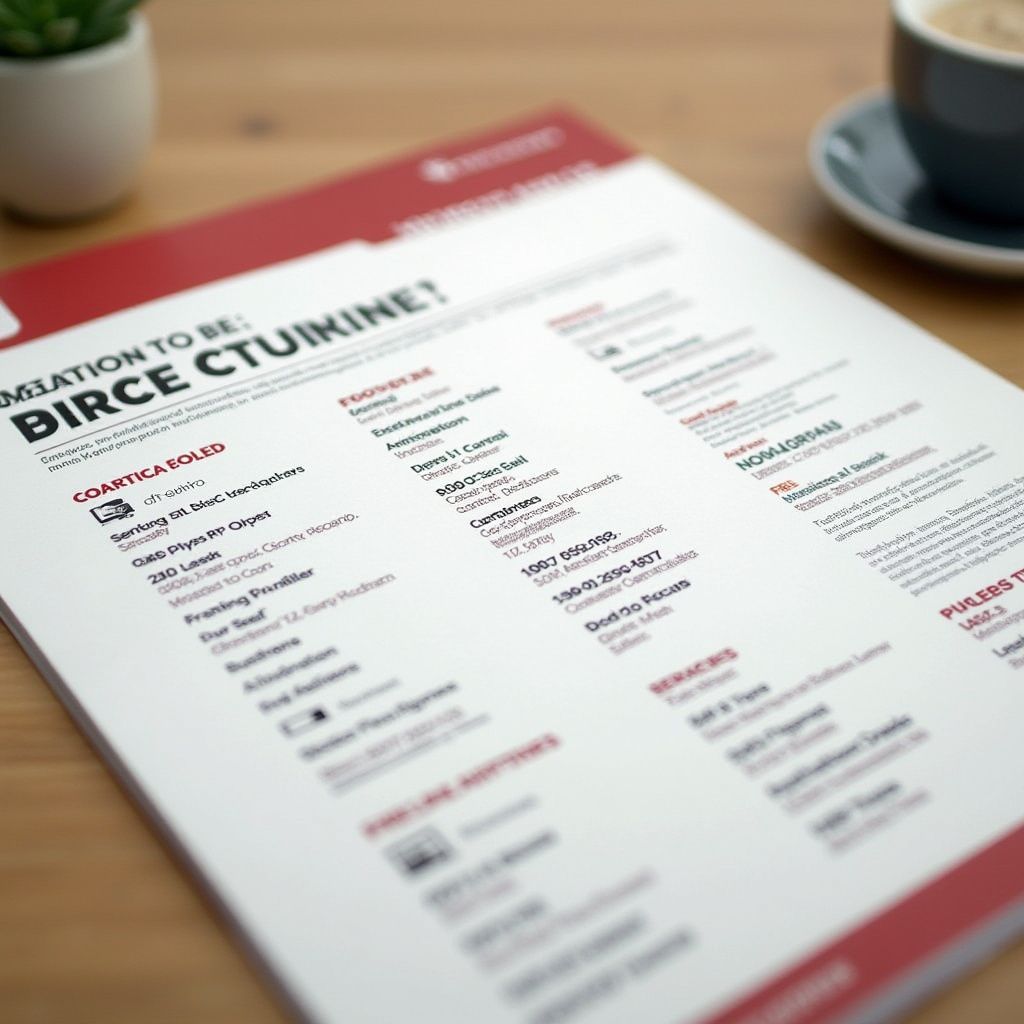 White paper with red accents, text, and lists on a wooden table, next to a coffee cup.
