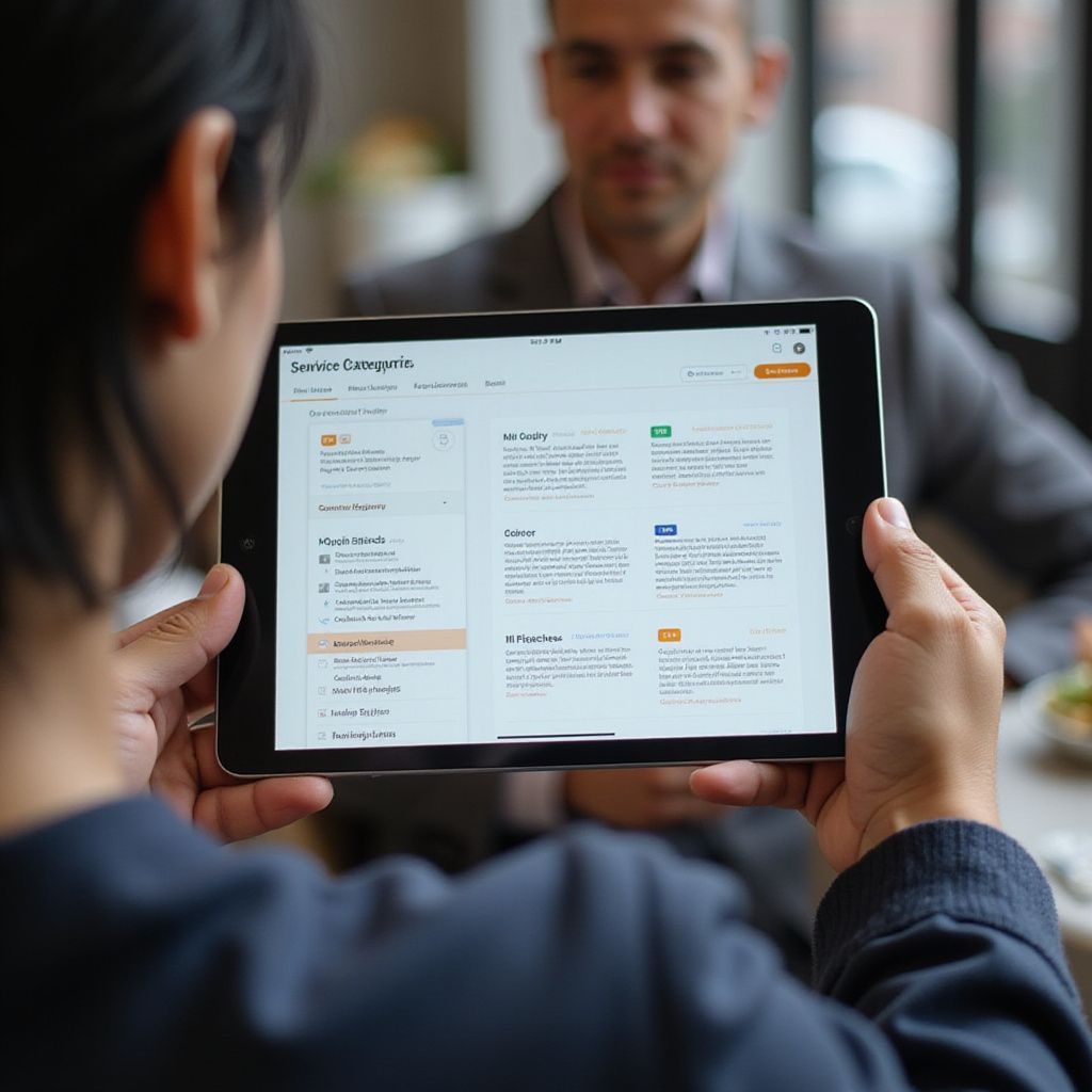 Person holding a tablet showing text, with another person out of focus in the background.