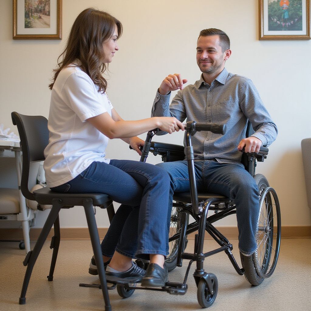 Woman assists man in wheelchair, smiling. Indoors, neutral setting.