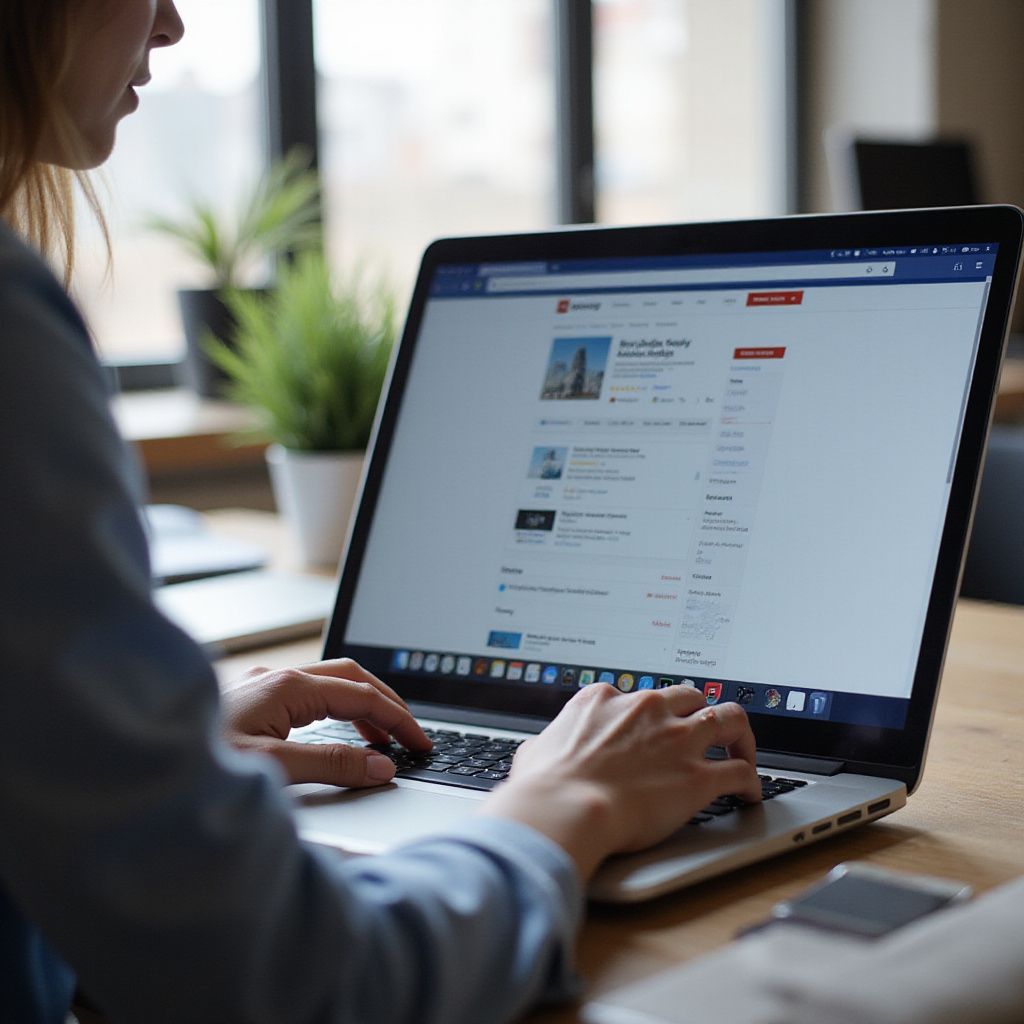 Person typing on a laptop, with a Facebook page open, indoors.