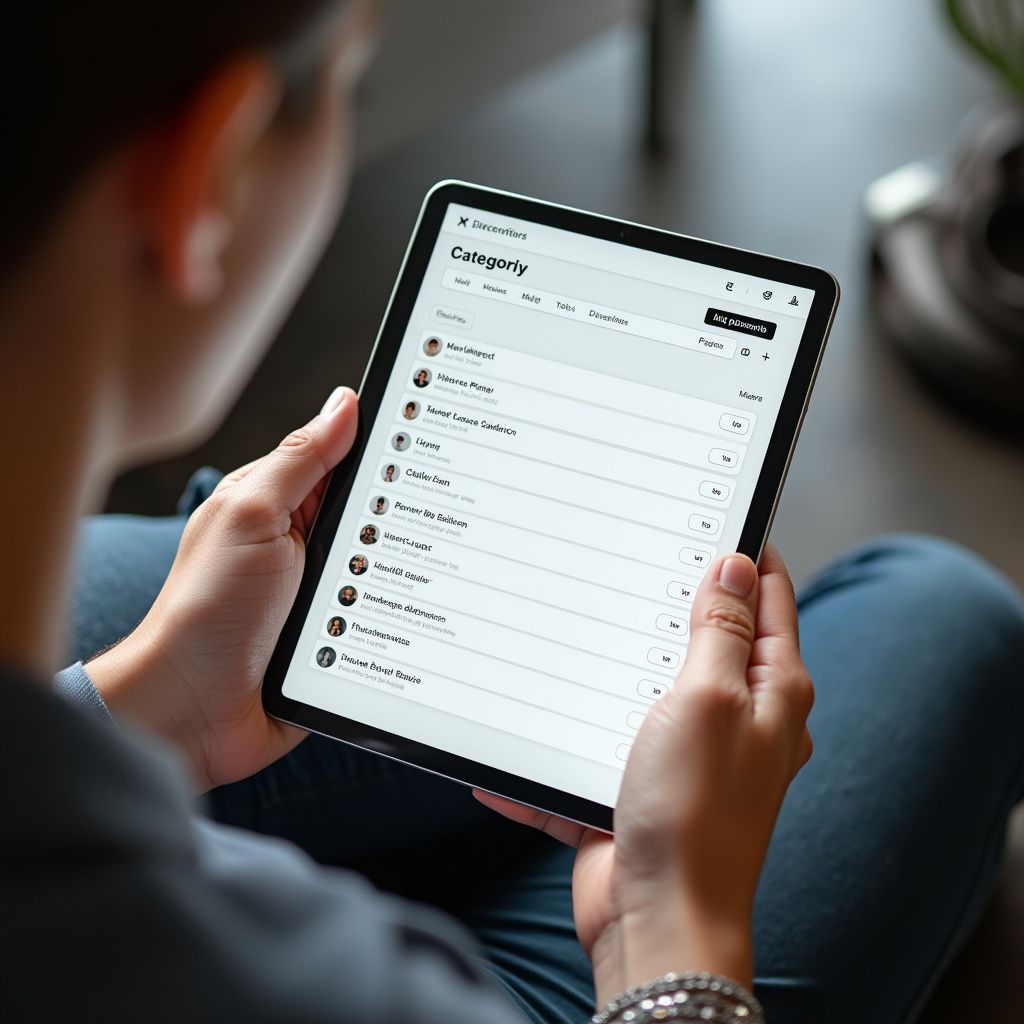 Person holding a tablet, viewing a list of names.