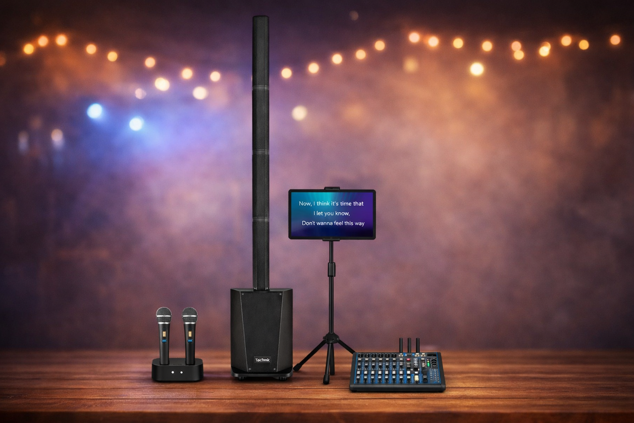 Karaoke setup: Tower speaker, display screen on stand, microphones, and wireless receiver.