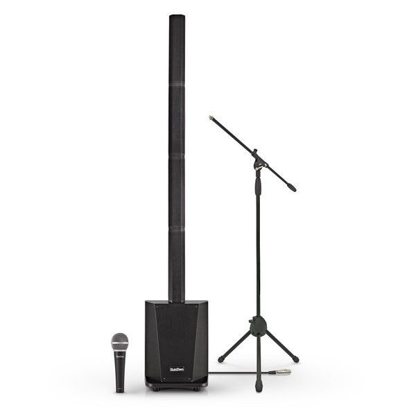 Black PA system with column speaker, microphone, and stand.