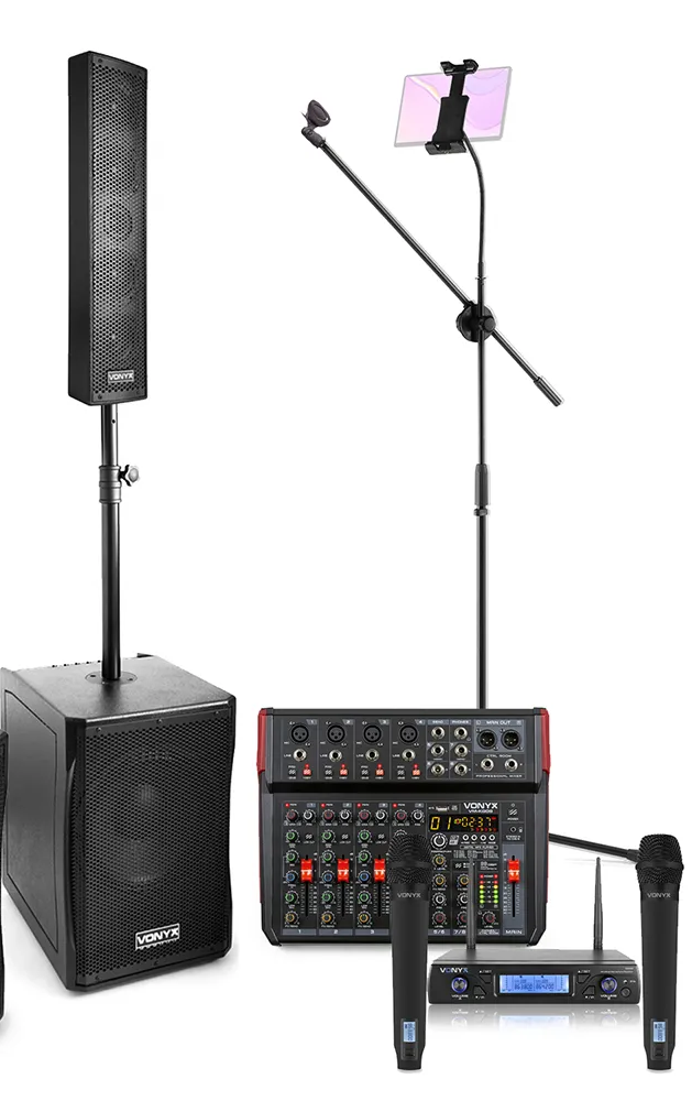 Sound system with speaker, mixer, microphones, stand, and tablet holder.