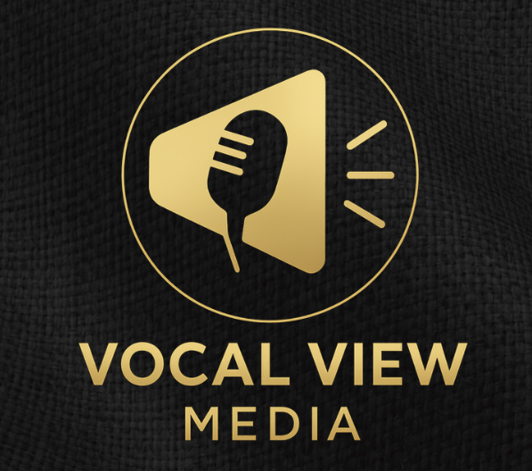 Gold logo: microphone inside a speaker shape, encircled by a gold ring,